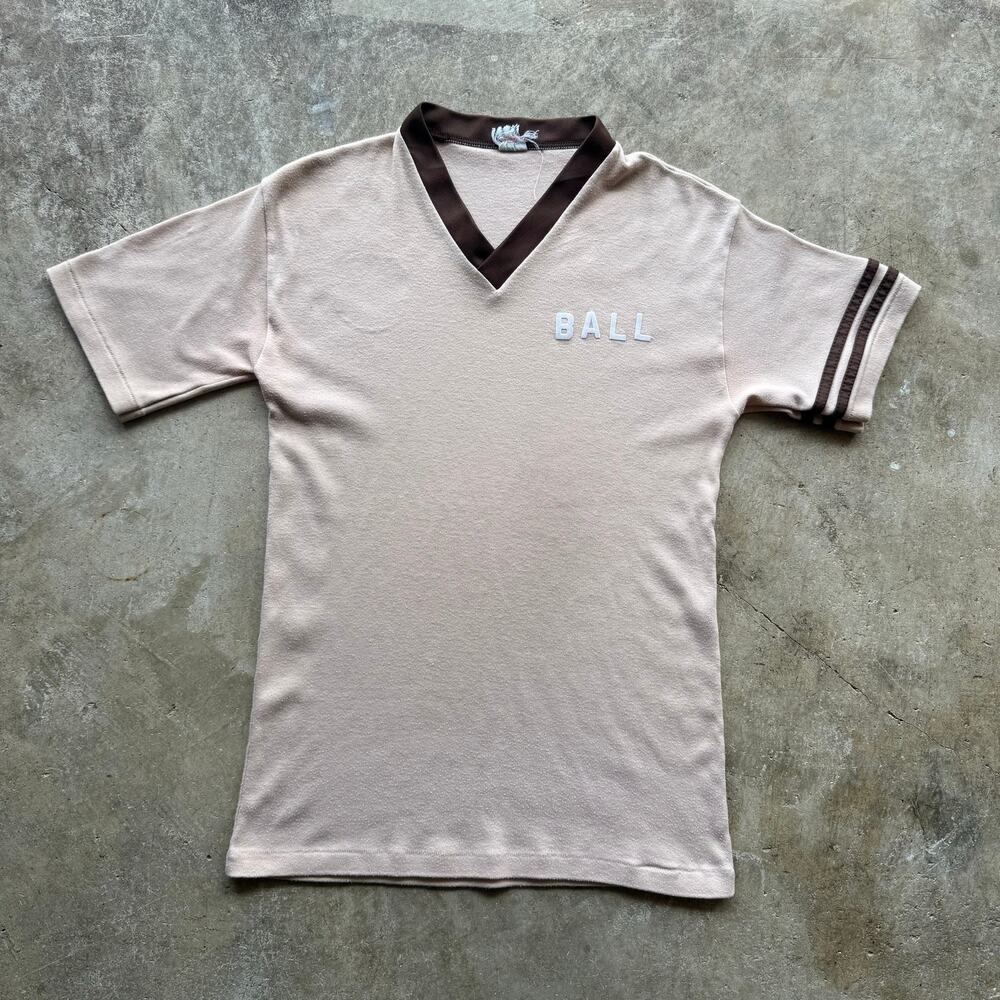 Vintage 1970s 'Ball' Brown/Tan V-Neck T-Shirt Size Womens Small / XS